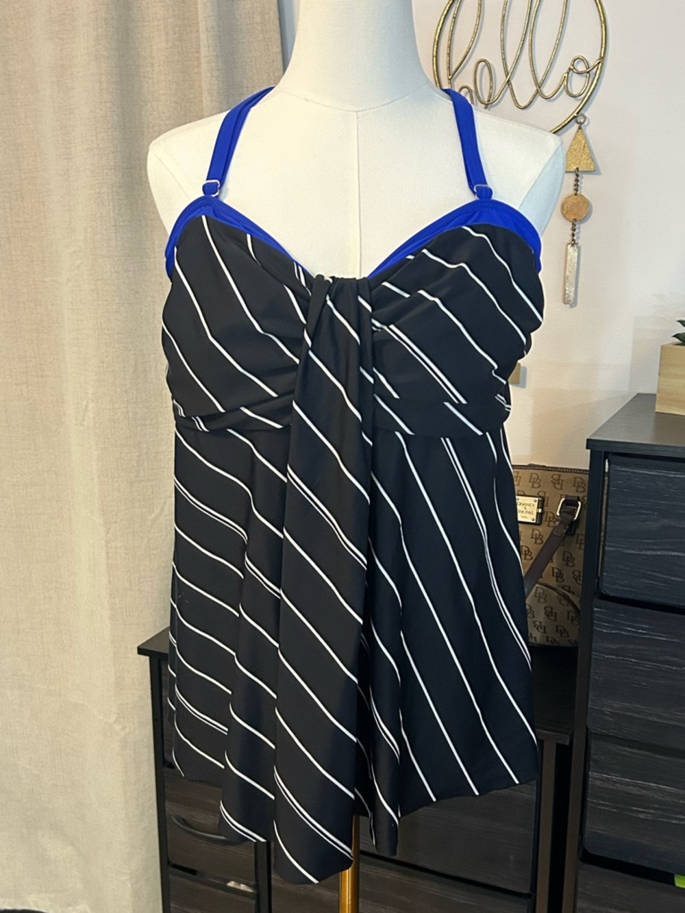 Women’s Mazu Swim Black & White Striped Swim Tankini with Blue Straps